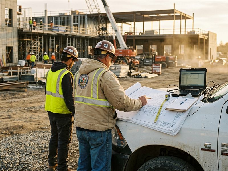 Contractors reviewing construction plans at an active job site