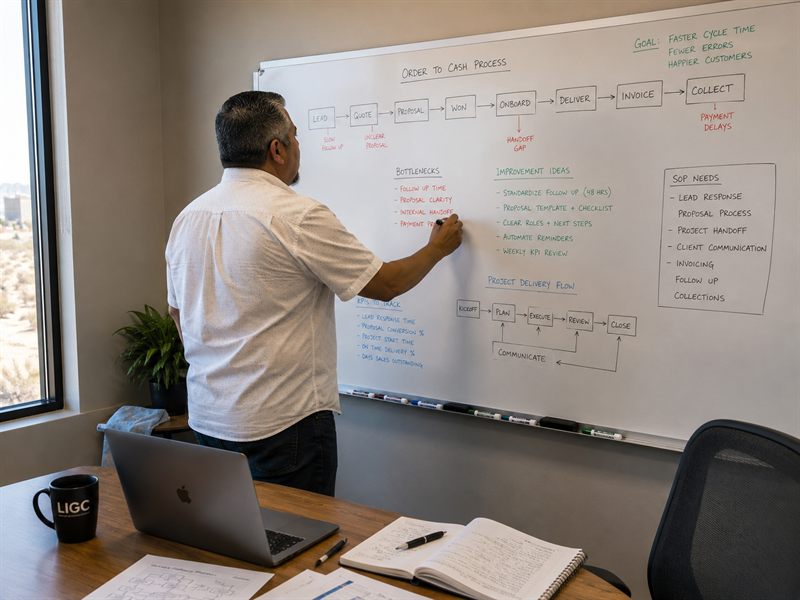 Consultant documenting business workflows on a whiteboard