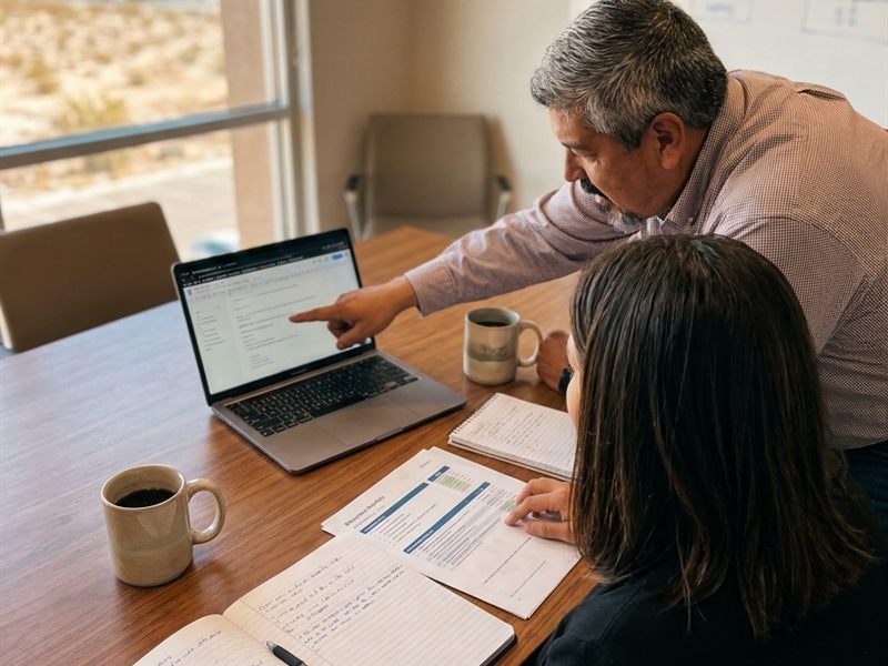 Consultant and business owner reviewing paperwork during a business systems meeting