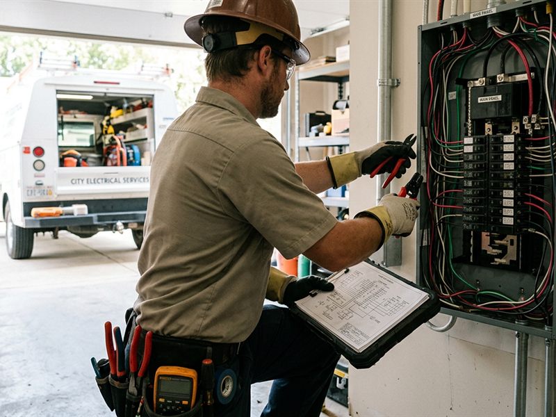 Electrician troubleshooting an electrical panel with a service van nearby