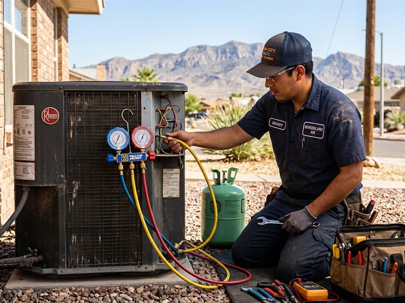 HVAC technician servicing an outdoor air conditioner in El Paso