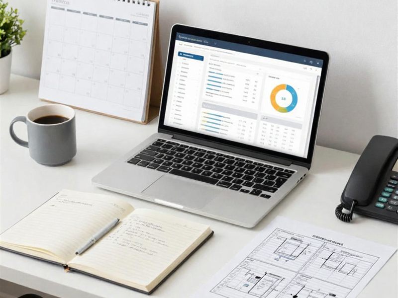 Business operations workspace with a laptop dashboard, KPI notes, reports, and planning documents