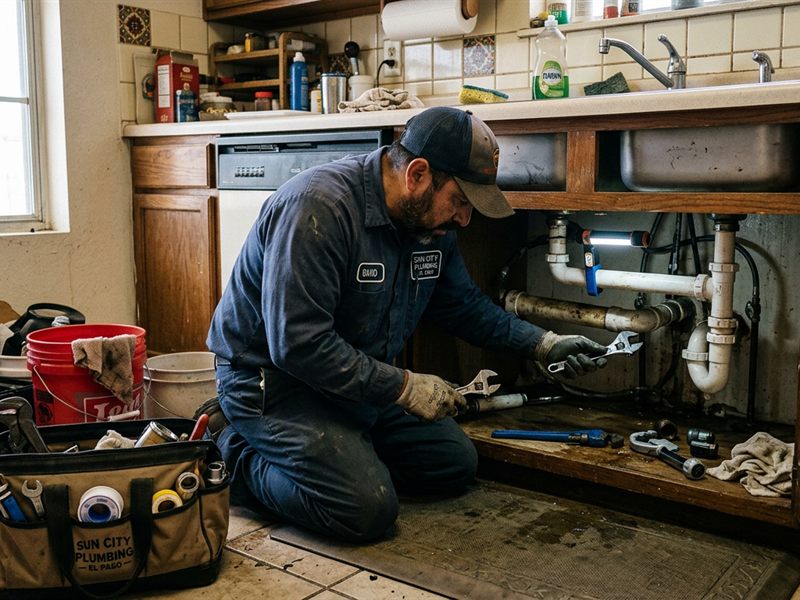 Plumber repairing pipes under a kitchen sink with tools nearby