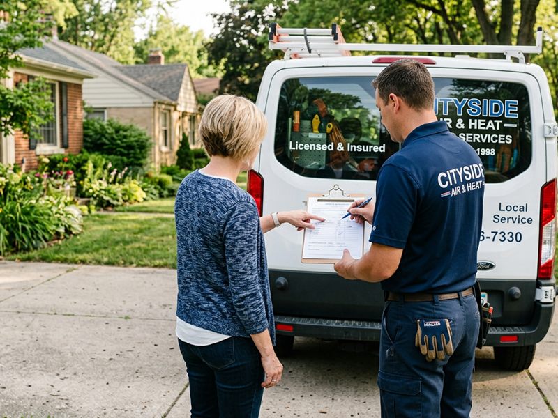 Service technician meeting a customer beside a service van